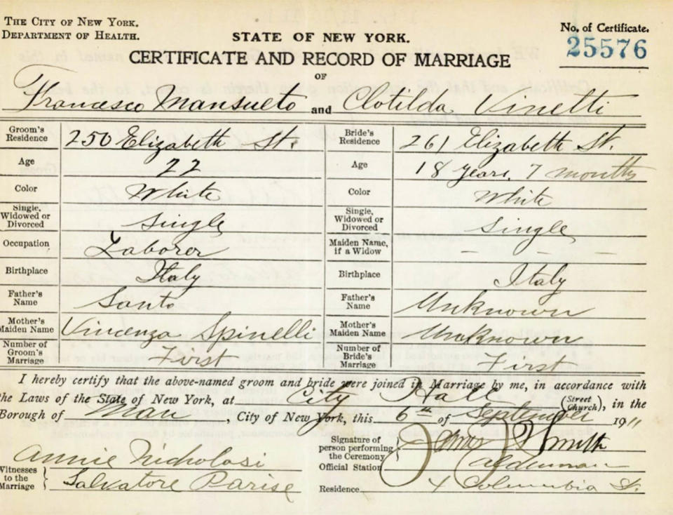 A marriage certificate shows that Lisa Ann Walter's great-grandparents lived on Elizabeth St. in New York City. (New York City Municipal Archives)