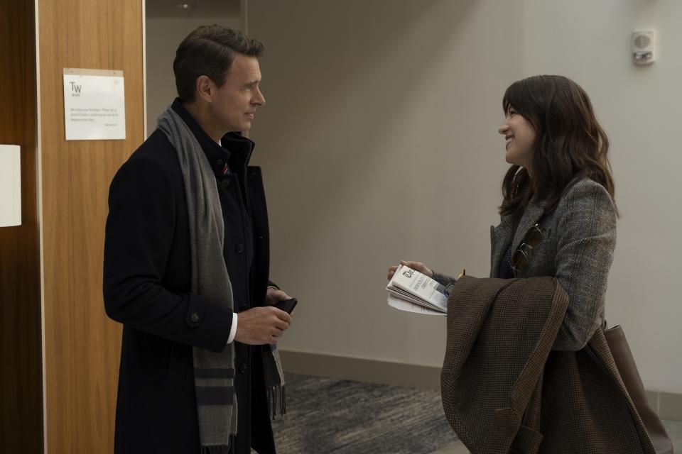 This image released by Max shows Scott Foley, left, and Melissa Benoist in a scene from "The Girls on the Bus." (Nicole Rivelli/Max via AP)