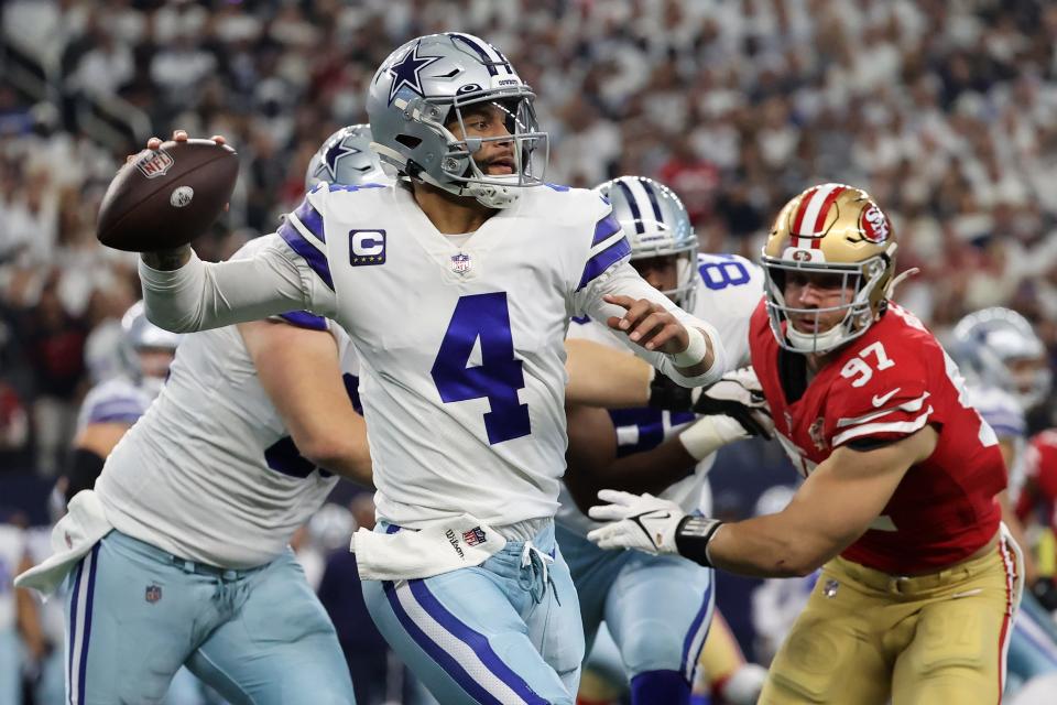 DE Nick Bosa (97) and the 49ers knocked Dak Prescott's Cowboys out of the playoffs a year ago.