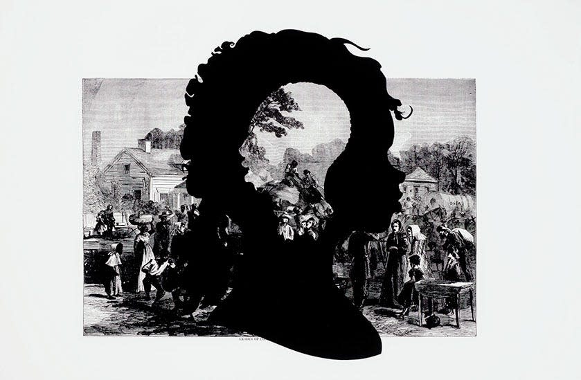 Kara Walker’s "Exodus of the Confederates from Atlanta" from the portfolio "Harper’s Pictorial History of the Civil War (Annotated)," is in the new Cameron Art Museum exhibit "Monument."