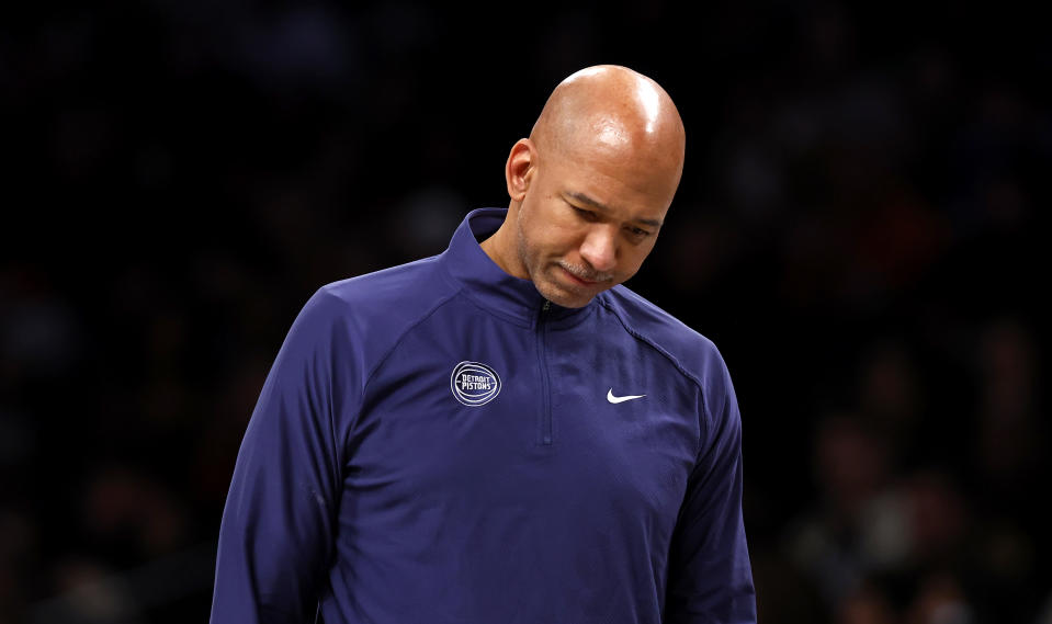 Detroit Pistons coach Monty Williams reacts during a timeout in the first half of the team's NBA basketball game against the Brooklyn Nets, Saturday, Dec. 23, 2023, in New York. (AP Photo/Noah K. Murray)