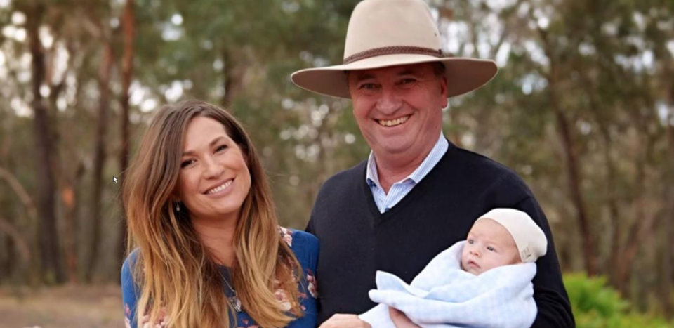 Barnaby Joyce with partner Vikki Campion and their baby. Source: 7 News