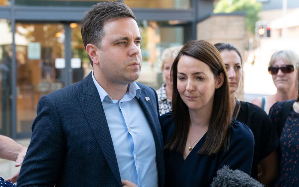 Chris and Rachael Thorold speak outside Cambridge Crown Court after pensioner Shelagh Robertson was found not guilty of causing son Louis' death - Joe Giddens/PA Wire