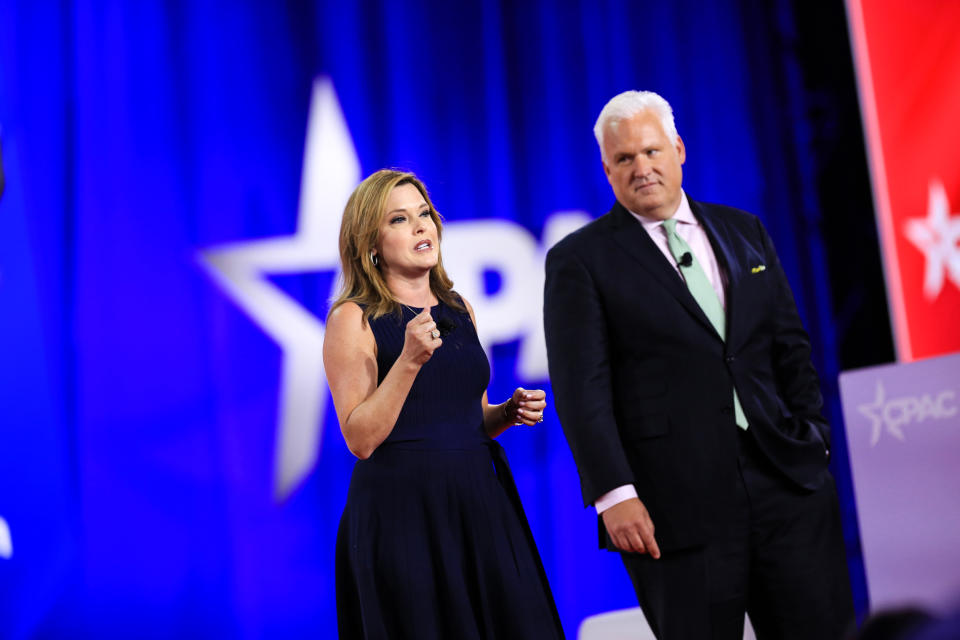 Mercedes Schlapp speaks alongside her husband Matt Schlapp at CPAC in Dallas on Aug. 4, 2022. (Dylan Hollingsworth / Bloomberg via Getty Images file)