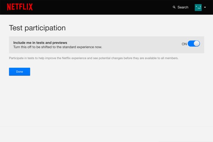 The Test Participation screen on the Netflix site.