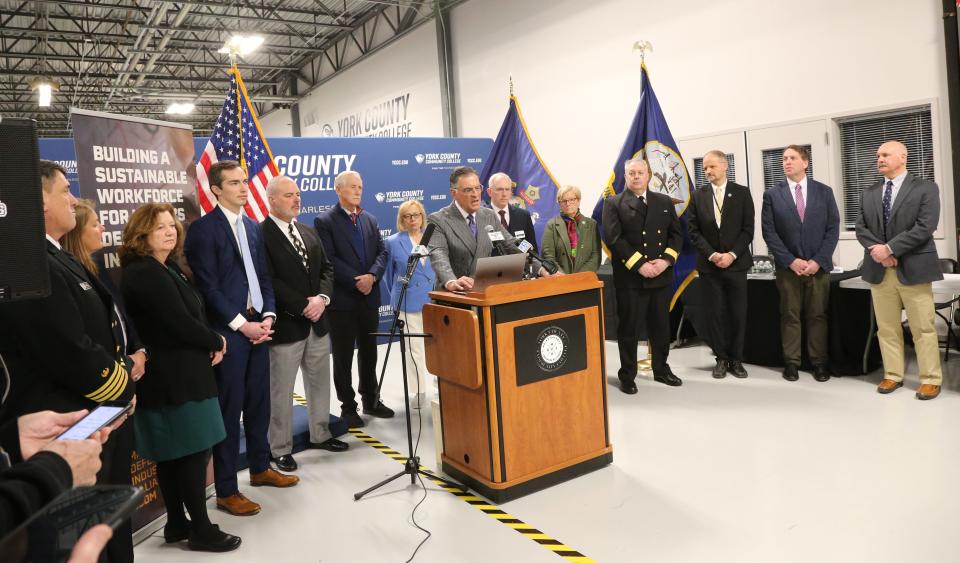 MCCS President David Daigler addresses the media with other dignitaries at a press conference in Sanford March 1, 2024. A press conference was held to announce a new partnership dedicated to attracting and training thousands of new employees for critical jobs in the state’s defense industrial base.