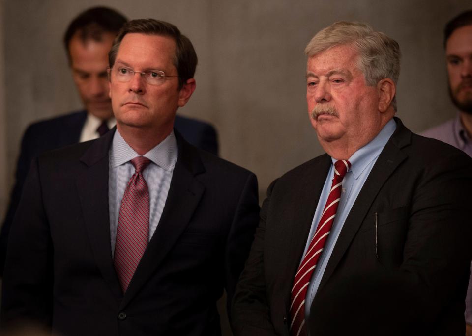 Tennessee Speaker of the House Cameron Sexton and Lt. Gov. Randy McNally listen as Gov. Bill Lee announces a new series of partnerships to fight human trafficking during a press conference at the State Capitol Thursday, May 13, 2021 in Nashville, Tenn. 