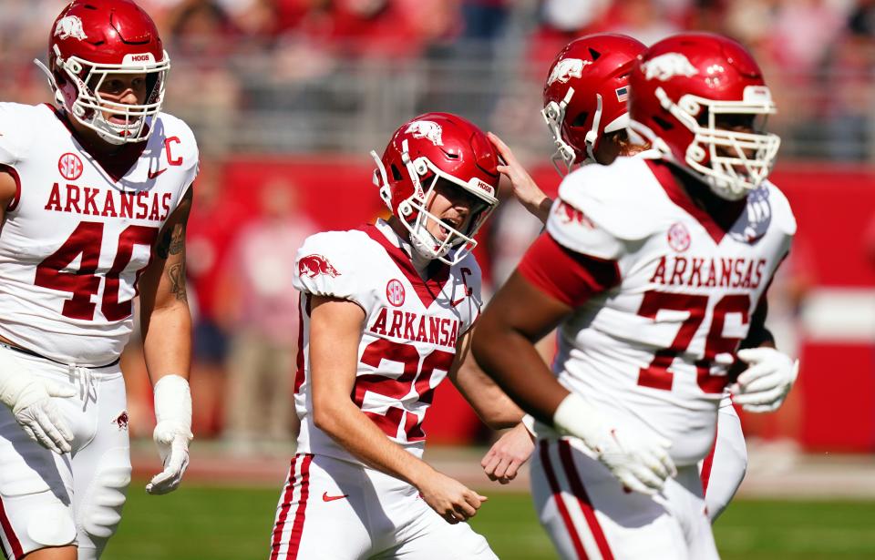 Oct 14, 2023; Tuscaloosa, Alabama, USA; Arkansas Razorbacks place kicker Cam Little (29) celebrates his field goal against the Alabama Crimson Tide during the first quarter at Bryant-Denny Stadium. Mandatory Credit: John David Mercer-USA TODAY Sports