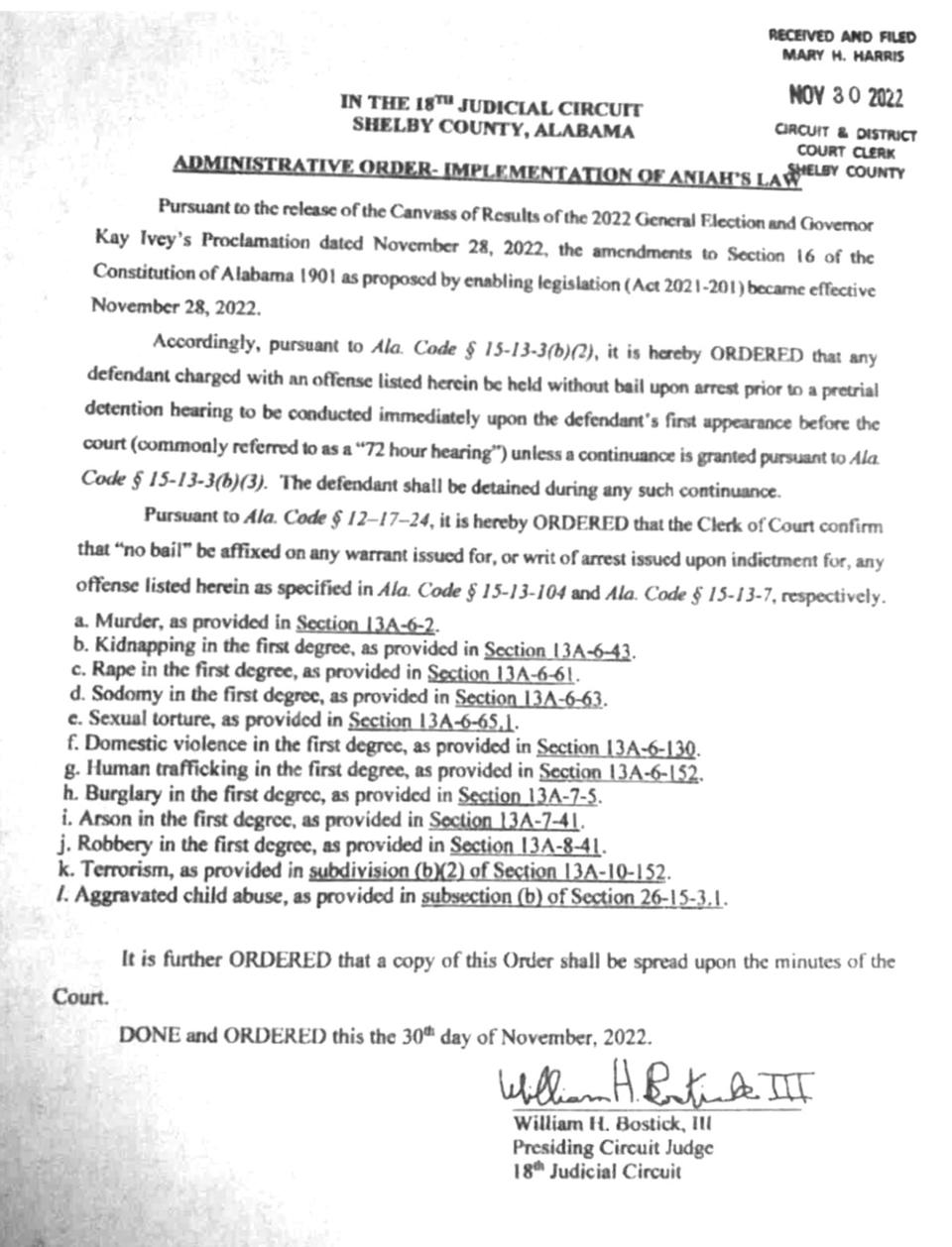 A judge's administrative order from Shelby County orders any defendant charged with listed offenses to be held without bail.
