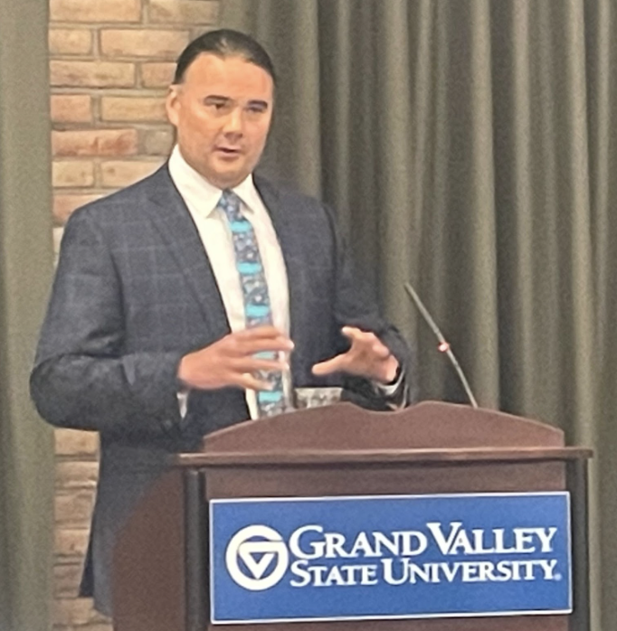 Assistant Secretary of the Interior - Indian Affairs Bryan Newland speaking at Grand Valley State University on Thursday. (Photo/Levi Rickert for Native News Online)