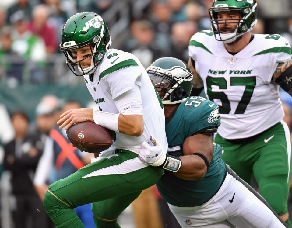 Oct 6, 2019; Philadelphia, PA, USA; New York Jets quarterback Luke Falk (8) is sacked by Philadelphia Eagles defensive end Brandon Graham (55) during the first quarter at Lincoln Financial Field. Mandatory Credit: Eric Hartline-USA TODAY Sports