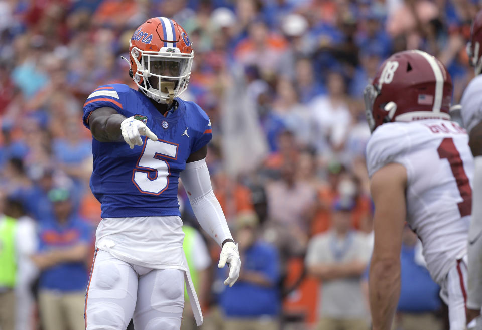 FILE - Florida cornerback Kaiir Elam (5) sets up for a play during the first half of an NCAA college football game against Alabama on Sept. 18, 2021, in Gainesville, Fla. Elam was selected by the Buffalo Bills during the first round of the NFL draft Thursday, April 28. (AP Photo/Phelan M. Ebenhack, File)