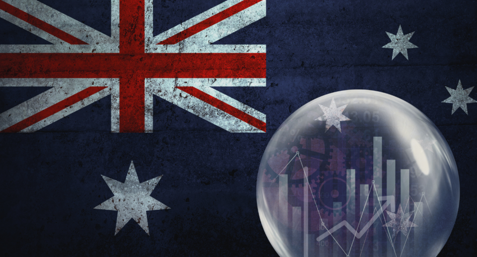 The Australian flag with a bubble showing graphs to represent a recession.