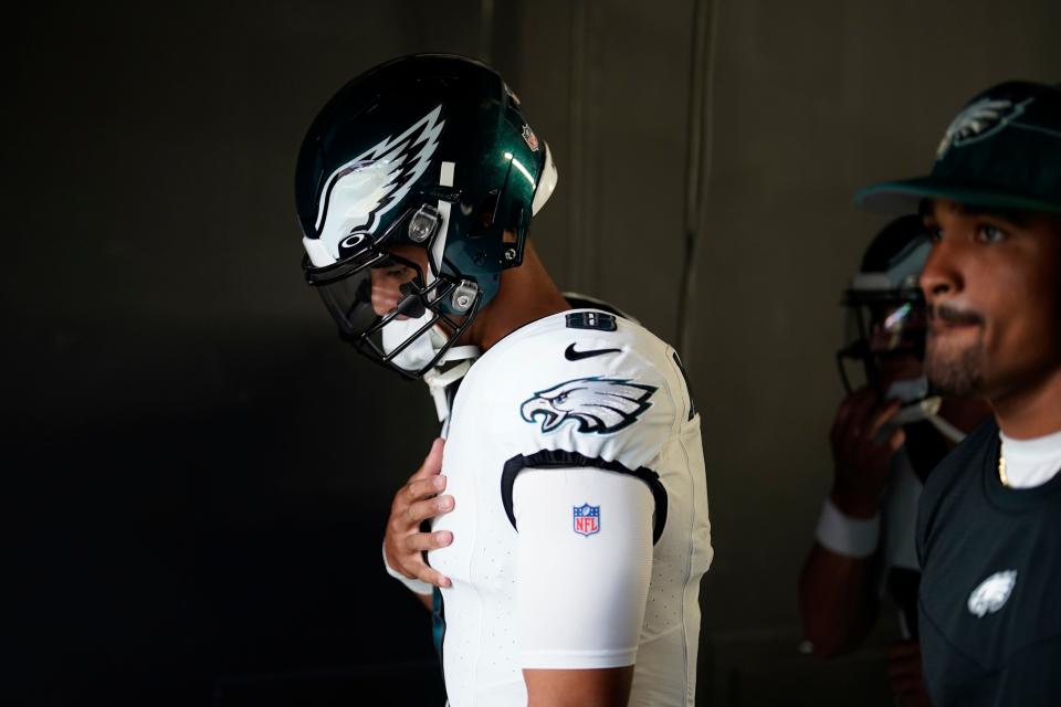 Philadelphia Eagles quarterback Marcus Mariota (8) heads to the field before a preseason game against the Indianapolis Colts on Thursday, Aug. 24, 2023, in Philadelphia.