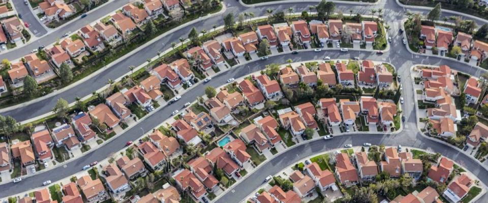 Aerial view of tightly packed homes in the Porter Ranch neighborhood of Los Angeles, California.