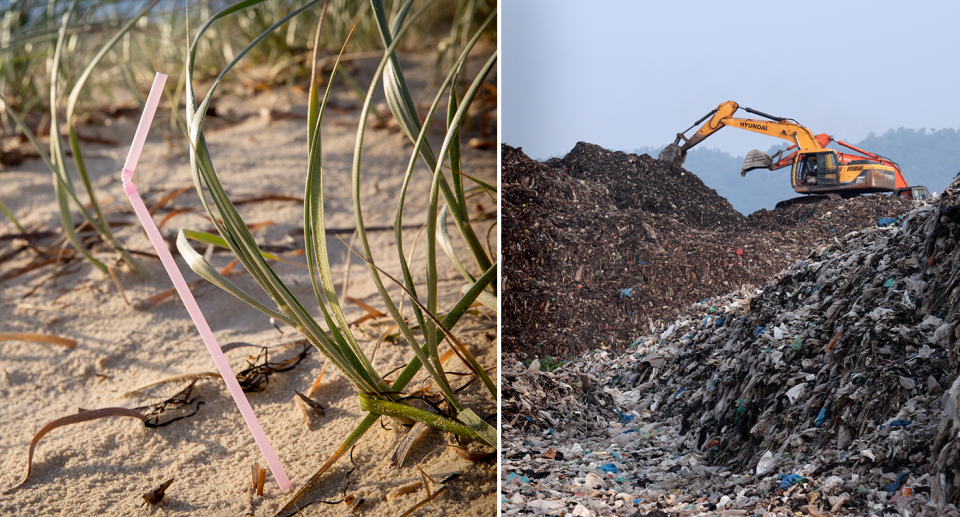 Left - a straw in the sand by the beach. Right - piles of rubbish at a tip. Source: Getty