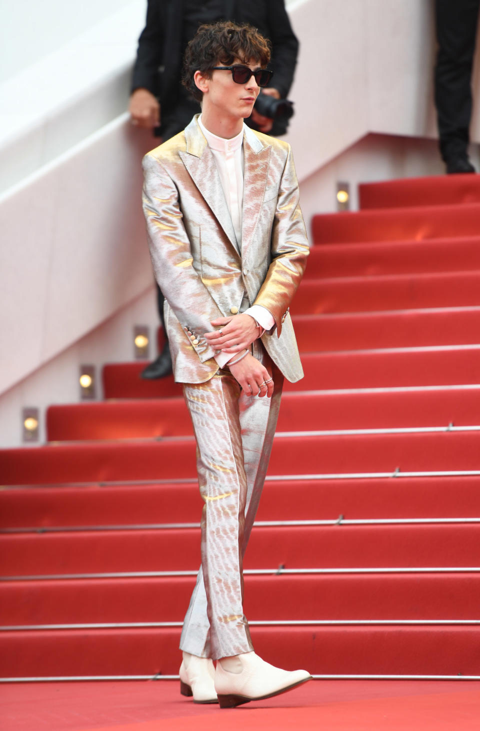 Timothée Chalamet Returns to the Red Carpet in Silver Tom Ford Suit and  Heeled Boots at Cannes Film Festival