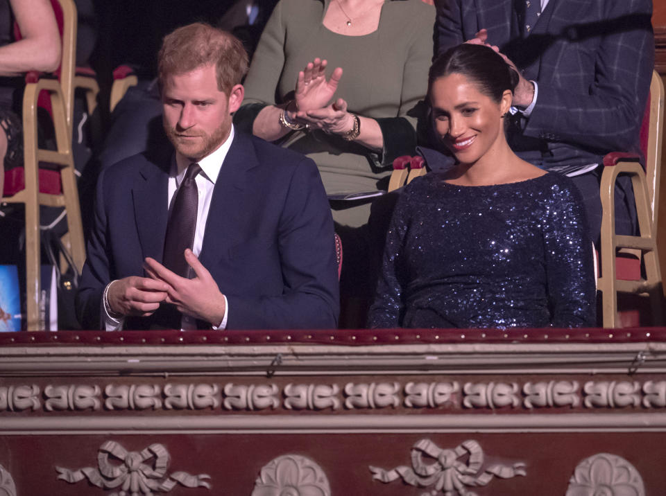 LONDON, ENGLAND - JANUARY 16: Prince Harry, Duke of Sussex and Meghan, Duchess of Sussex attend the Cirque du Soleil Premiere Of "TOTEM" at Royal Albert Hall on January 16, 2019 in London, England. (Photo by Paul Grover - WPA Pool/Getty Images)