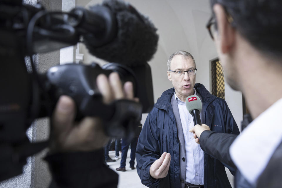 Philip Grant, Executive Director of TRIAL International talks to the media after the conviction of former interior minister of Gambia Ousman Sonko, in front of the Federal Criminal Court of Switzerland, in Bellinzona, Wednesday, May 15, 2024. Switzerland’s top criminal court has convicted Sonko for crimes against humanity over the repression by the west African country’s security forces against opponents of its longtime dictator, a legal advocacy group said Wednesday. Grant, executive director at TRIAL International, which filed the Swiss case against Sonko before his arrest, said he was the highest-level former official ever to be put on trial in Europe under the principle of universal jurisdiction. (Maria Linda Clericetti/Keystone via AP)