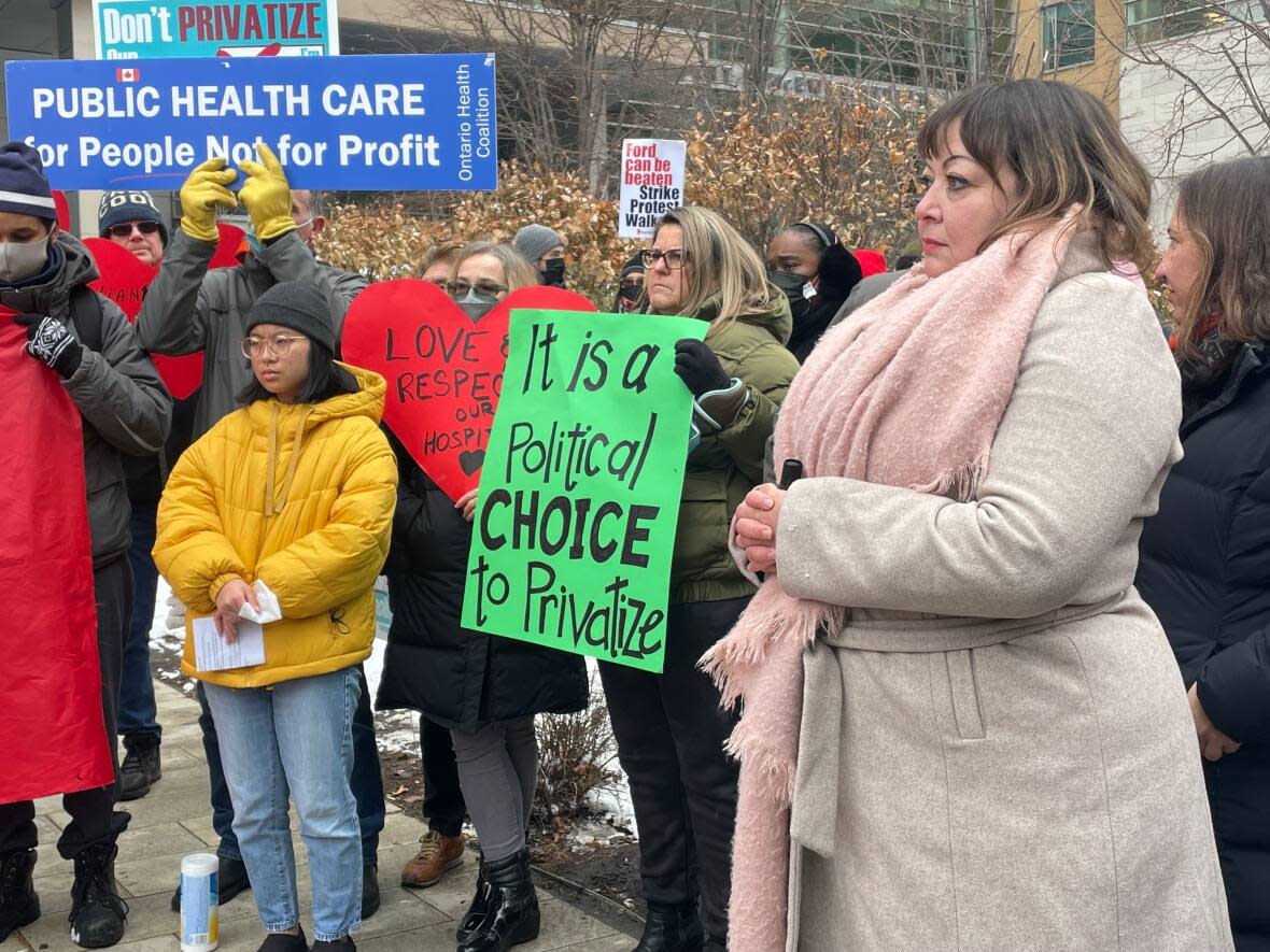 A demonstration was held in Toronto Monday by The Ontario Health Coalition (OHC), which represents more than 500 organizations, speaking out about what it calls “inaction” by the Ford Government to address an ongoing hospital crisis. ( Lorenda Reddekopp/CBC - image credit)