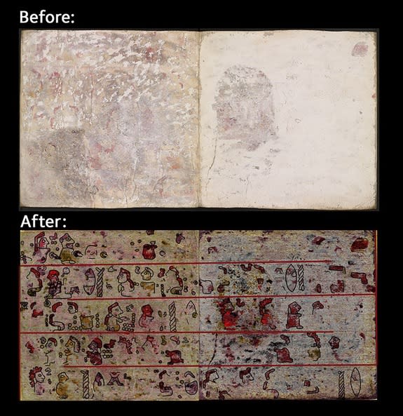 This image shows pages 10 and 11 of the back of Codex Selden. The top image shows the pages as they appear to the naked eye, while the lower image —created using hyperspectral imaging — reveals the hidden pict