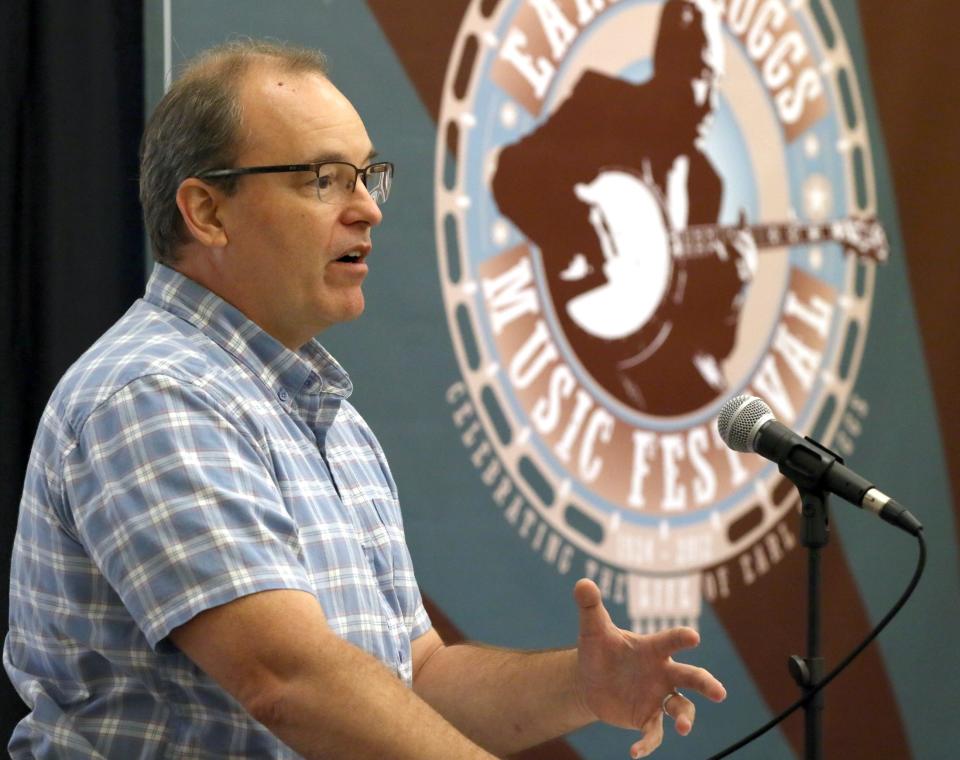 Joe Kendrick talks during a press conference about the inaugural Earl Scruggs Music Festival that is coming to Tryon International Equestrian Center.