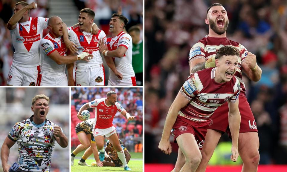 <span>Clockwise from top left: Jack Welsby (second right) and St Helens will miss James Roby (second left); Jai Field and Kaide Ellis of Wigan are defending their title; Elliot Minchella and Hull KR have their eyes on silverware while Lachlan Lam and Leigh want to repeat last year’s success.</span><span>Composite: Getty Images; Shutterstock</span>