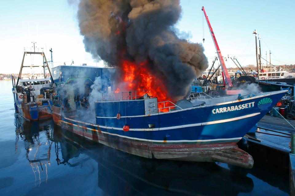 A fire broke out Thursday morning inside the fishing boat Carrabassett, which was docked along Water Street in Fairhaven. Work was being done on the vessel to decommission it to use as a reef.