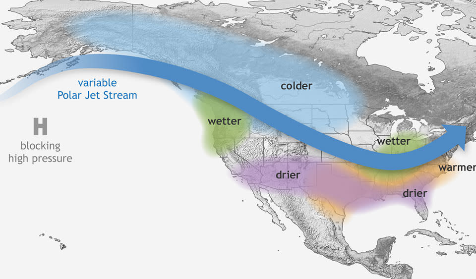 Typical La Niña winter weather impacts are shown on a map created by NOAA. (Map: NOAA)