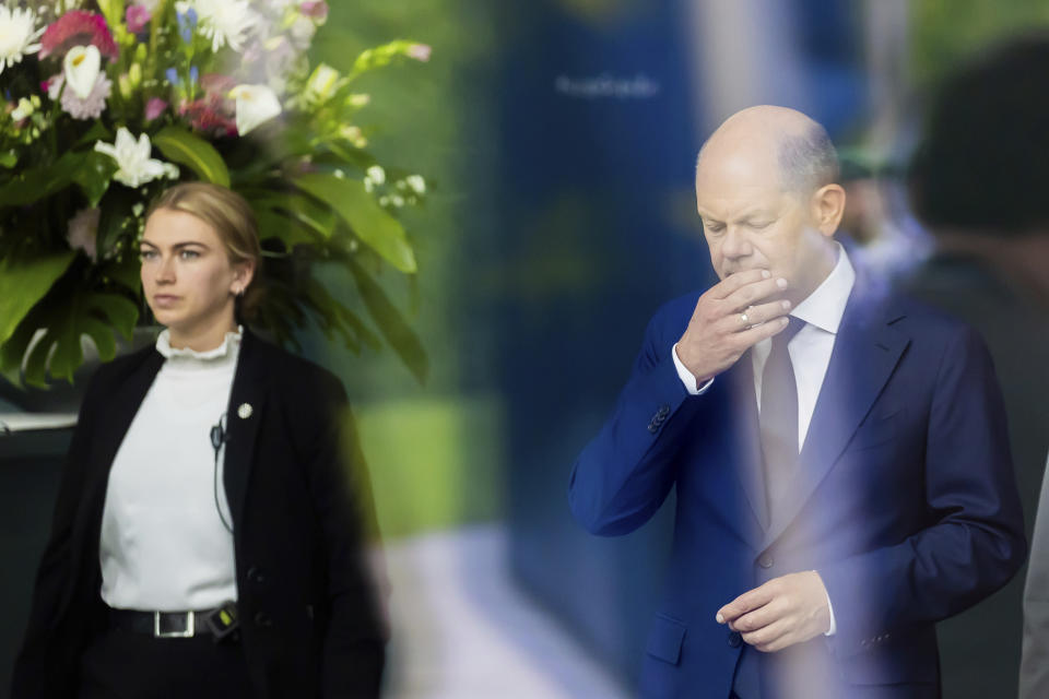 German Chancellor Olaf Scholz, right, waits Portugal's Prime Minister Luis Montenegro before their meeting at the Federal Chancellery in Berlin, Friday, May 24, 2024. (Christoph Soeder/dpa via AP)