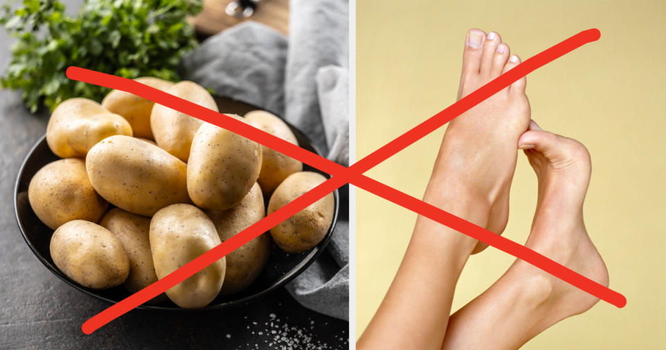 Image split: bowl of potatoes crossed out on left, a person's feet crossed out on right