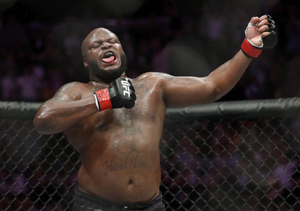 Derrick Lewis celebrates after beating Alexander Volkov at UFC 229 in Las Vegas, Saturday, Oct. 6, 2018. Lewis won by knockout in the third round. (AP Photo/John Locher)