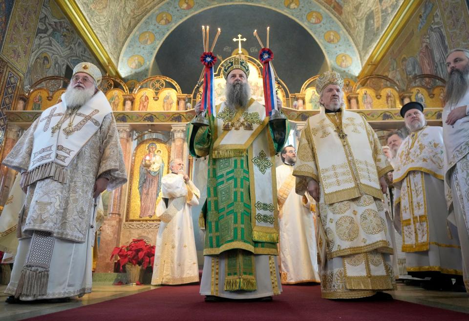 Serbian Patriarch Porfirije (center) with Bishop Longin of New Gracanica-Midwestern American Diocese of the Serbian Orthodox Church (left), and Bishop Mitrofan of Serbian Orthodox Bishop of Canada, during the service at the St. Sava Serbian Orthodox Cathedral congregation on South 51st Street in Milwaukee on Sunday, Jan. 29, 2023. It was Serbian Patriarch Porfirije’s first visit to the U.S. since becoming patriarch in February 2021. The St. Sava Serbian Orthodox Cathedral was also celebrating the 110th anniversary of their church.