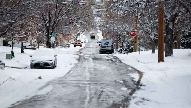 A road with snowy conditions in Salt Lake City on Thursday, Jan. 11, 2024. Overnight snow blanketed the Wasatch Front.