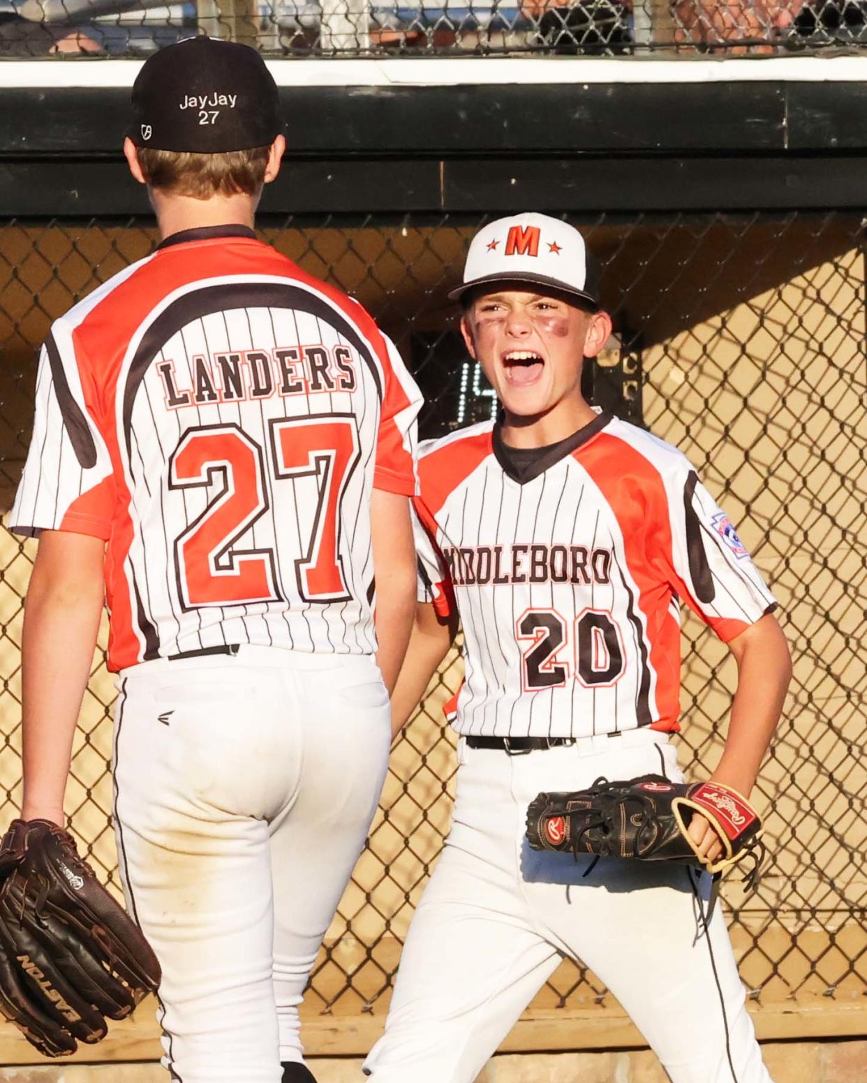 Middleboro 12U Nationals' Luke Bolduc congratulates pitcher Jacob Landers during a game versus Bangor East, Maine at Bartlett Giamatti Little League Leadership Training Center in Bristol, Connecticut for the New England Regional tournament on Thursday, August 11, 2022.