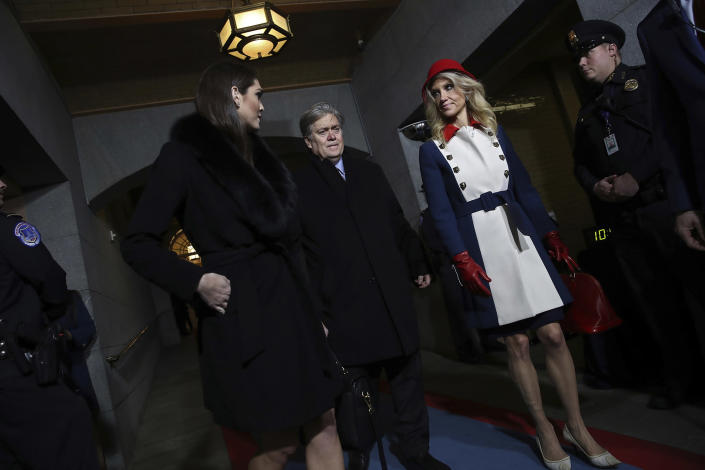 <p>Donald Trump’s White House Director of Strategic Communications Hope Hicks, Senior Counselor Steve Bannon and Counselor to the President Kellyanne Conway arrive for the presidential inauguration on the West Front of the U.S. Capitol on January 20, 2017 in Washington. (Photo: Win McNamee/Getty Images) </p>