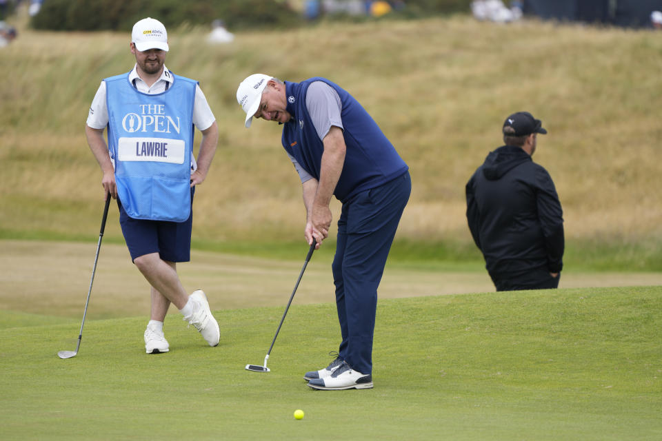 Scotland's Paul Lawrie during a practice round at the British Open golf championship on the Old Course at St. Andrews, Scotland, Tuesday July 12, 2022. The Open Championship returns to the home of golf on July 14-17, 2022, to celebrate the 150th edition of the sport's oldest championship, which dates to 1860 and was first played at St. Andrews in 1873. (AP Photo/Gerald Herbert)