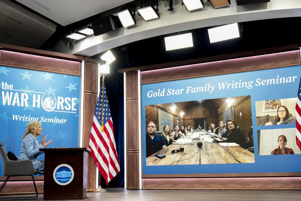 First lady Jill Biden speaks during a virtual writing seminar for gold star children and siblings hosted by The War Horse as part of her "Joining Forces" initiative, in the South Court Auditorium in the Eisenhower Executive Office Building on the White House Campus, Tuesday, May 9, 2023, in Washington. (AP Photo/Andrew Harnik)