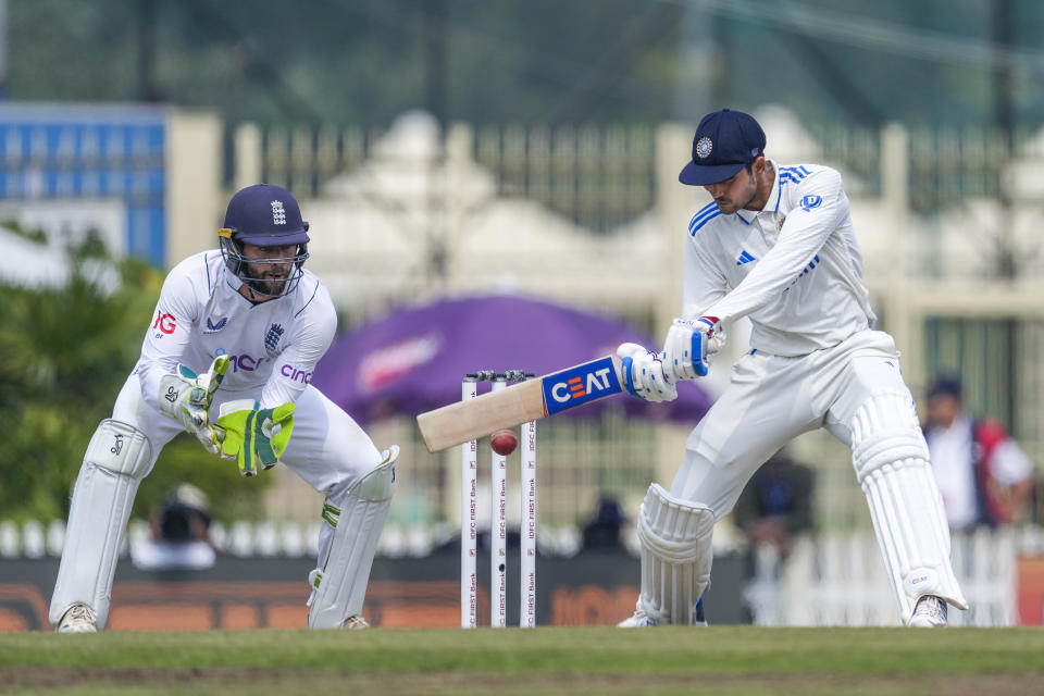 India's Shubman Gill plays a shot on the fourth day of the fourth cricket test match between England and India in Ranchi, India, Monday, Feb. 26, 2024. (AP Photo/Ajit Solanki)