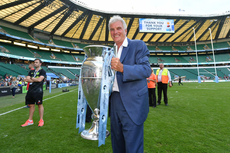 LONDON, ENGLAND - JUNE 01: Nigel Wray, Chairman of Saracens, celebrates with the trophy following the Gallagher Premiership Rugby Final between Exeter Chiefs and Saracens at Twickenham Stadium on June 01, 2019 in London, United Kingdom. (Photo by Dan Mullan/Getty Images)