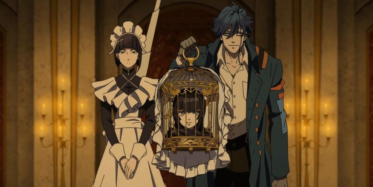 a scene from the undead murder farce anime series where three main character stand in a line with aya head in a cage