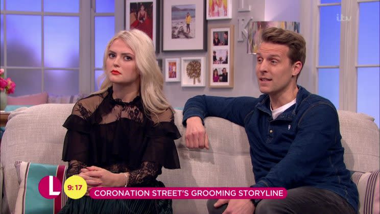 Coronation Street actors Lucy Fallon and Chris Harper talk about their current grooming storylines on ‘Lorraine’. (ITV)