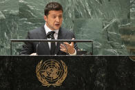 Ukraine President Volodymyr Zelenskiy speaks during the 76th session of the United Nations General Assembly, Wednesday, Sept. 22, 2021, at UN headquarters. (Eduardo Munoz/Pool Photo via AP)