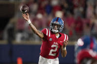 Mississippi quarterback Matt Corral (2) passes against Tulane during the first half of an NCAA college football game, Saturday, Sept. 18, 2021, in Oxford, Miss. (AP Photo/Rogelio V. Solis)