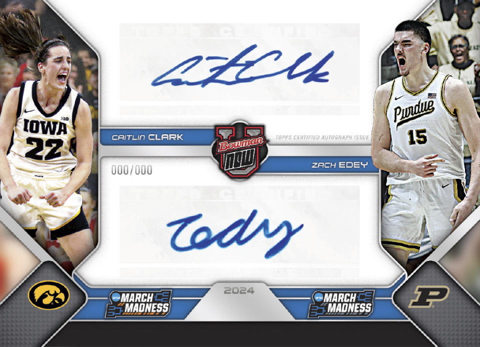 This photo Courtesy of Topps shows a Topps trading card featuring basketball stars Caitlin Clark and Zach Eddy. The NCAA entered into its first NIL licensing deal allowing the use of the March Madness logo to Topps trading cards featuring basketball stars Caitlin Clark, Angel Reese, Zach Eddy and Tristen Newton.(Courtesy of Topps via AP)