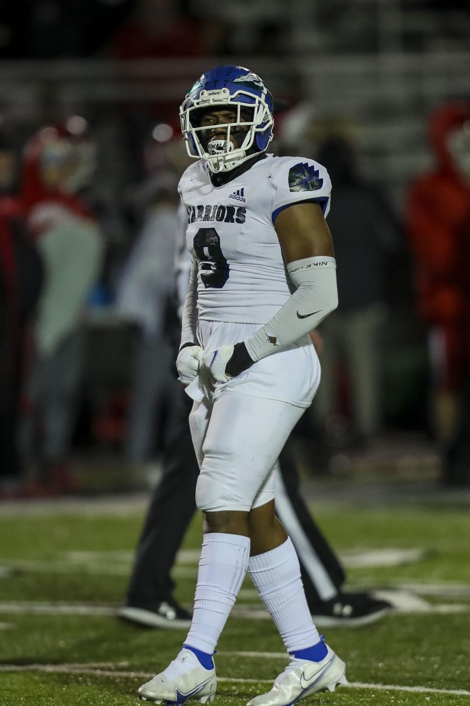 Winton Woods linebacker Qierstin Williams (9) reacts after stopping a play against La Salle in the first half at Lakota East High School. Nov. 12, 2021