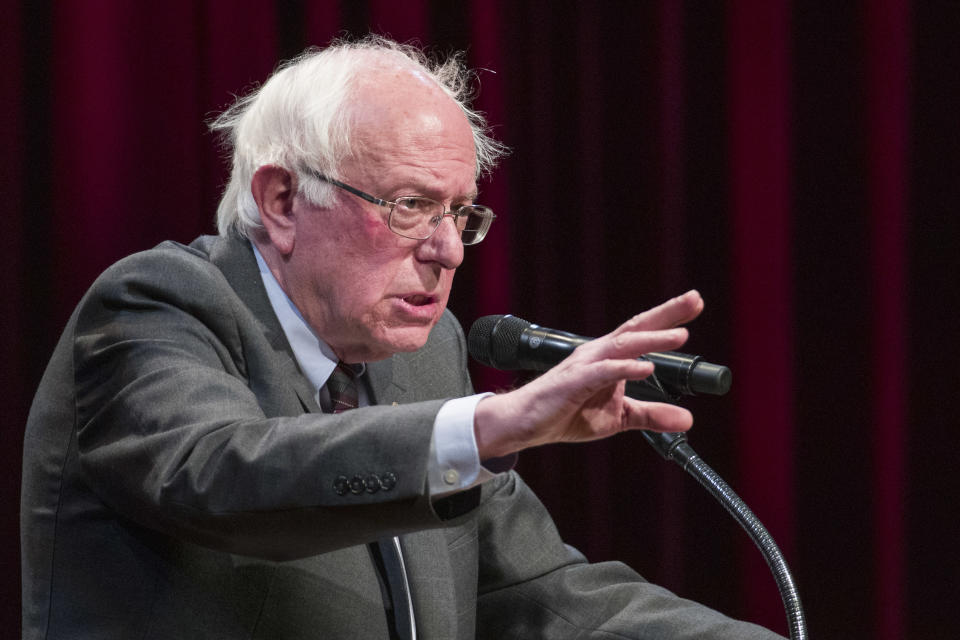 FILE - In this Nov. 27, 2018, file photo, Sen. Bernie Sanders, I-Vt., speaks about his new book, 'Where We Go From Here: Two Years in the Resistance' in Washington. (AP Photo/Alex Brandon, File)