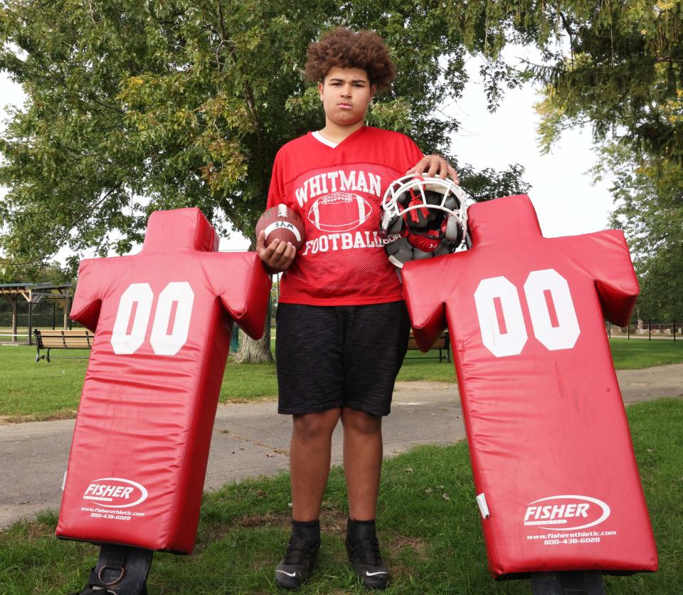 Jailen Walters, 12, at Memorial Field in Whitman on Friday, Sept. 30, 2022, has been "sidelined" from playing football in the OCYFL for two seasons due to his weight, his mother Ashley Drake said.