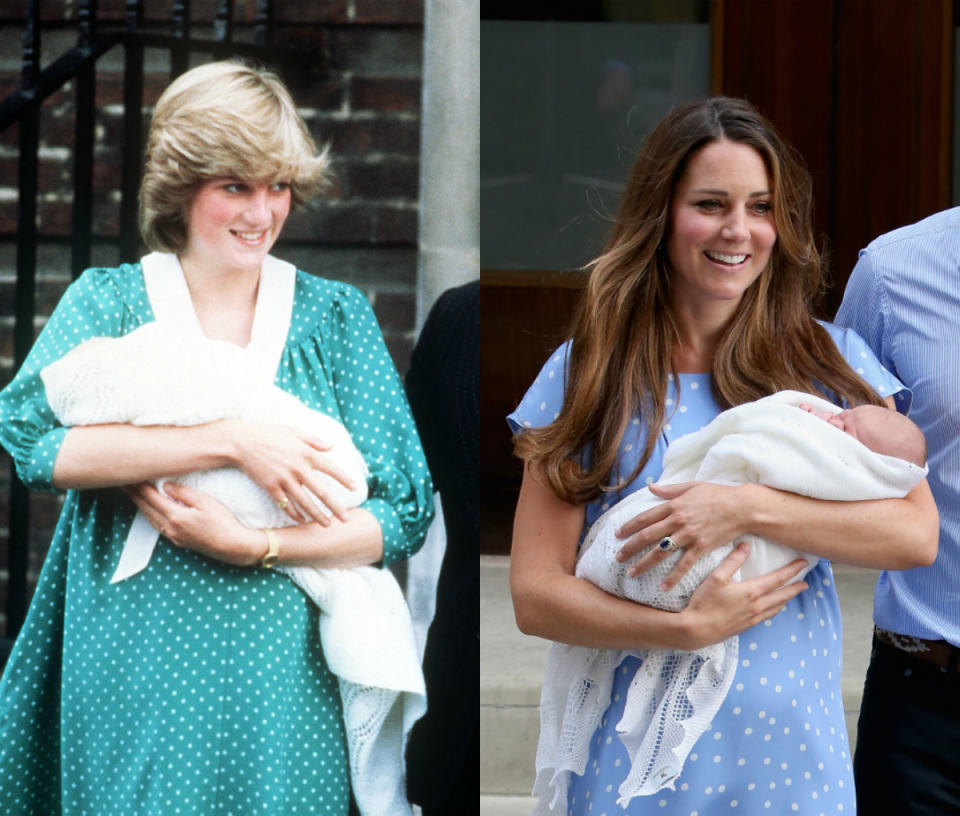 <p>Both Kate and Diana left the Lindo Wing after giving birth to their first child wearing similar polka dot dresses. [Photo: PA/ Getty] </p>