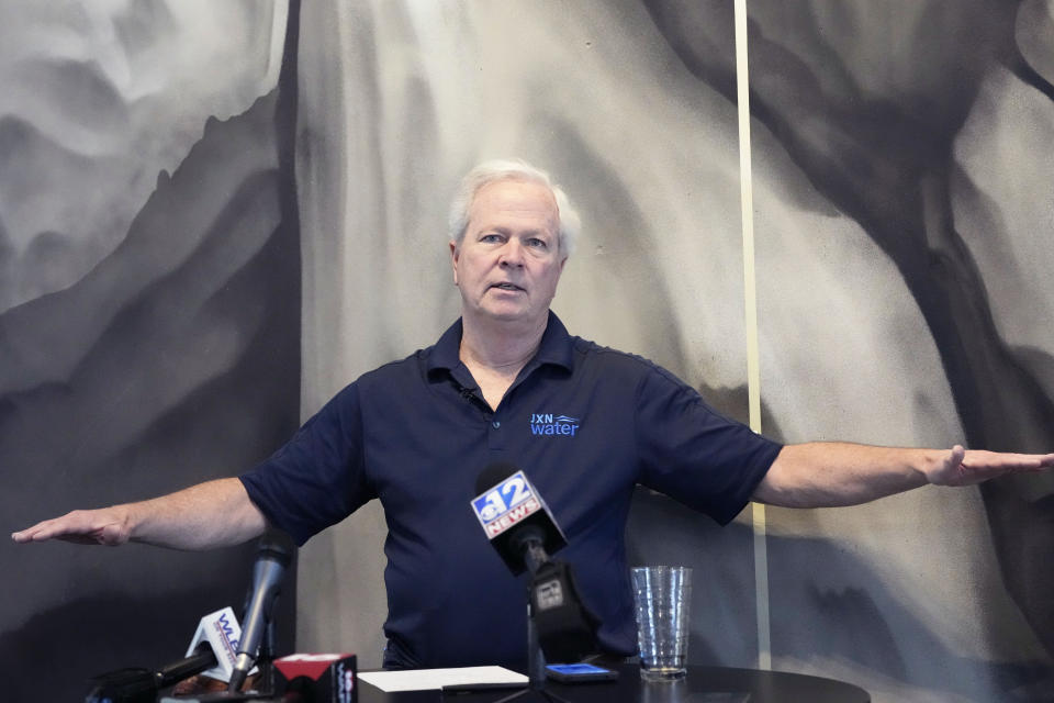 Ted Henifin, interim water manager, for JXN Water, the water system for the city of Jackson, Miss., explains his agency's preparation for cold weather during a news conference, Friday, Jan. 12, 2024, in Jackson. Henifin also questioned the Mississippi Department of Health's recent results regarding the quality of the city's water. (AP Photo/Rogelio V. Solis)